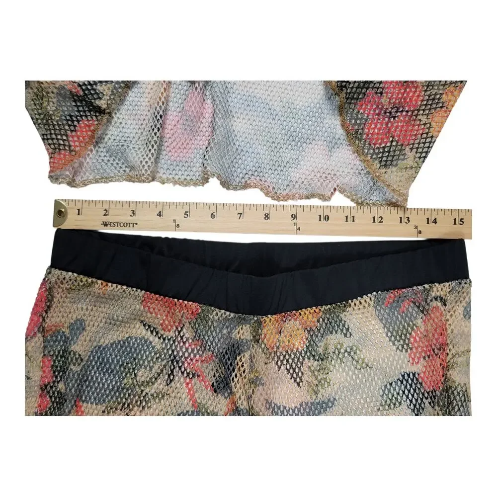 Rouge Mesh Floral Bell Bottom Pants Set Tie‎ Front Crop Top Boho Women's Size 1X
